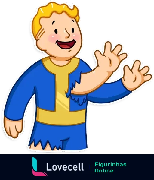 A figurinha mostra o Fallout Vault Boy com cabelo loiro, trajando seu icônico uniforme azul e amarelo, acenando e sorrindo alegremente.