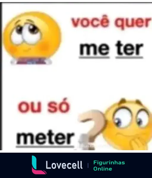 Uma figurinha com dois emojis. O primeiro emoji, com expressão de desejo, diz: 'Você quer me ter'. O segundo emoji, com uma expressão pensativa, diz: 'ou só meter'.