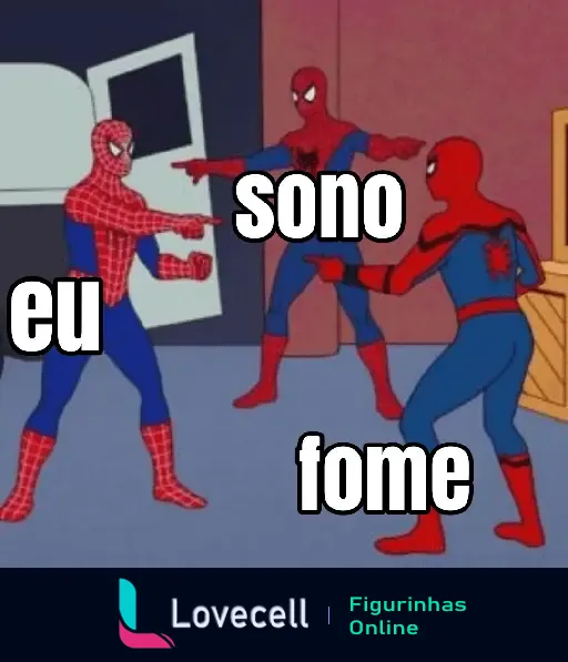 MEMES DO HOMEM ARANHA: Três Homem-Aranha apontando um para o outro, representando 'eu', 'sono' e 'fome'. Cena clássica de meme humorístico.