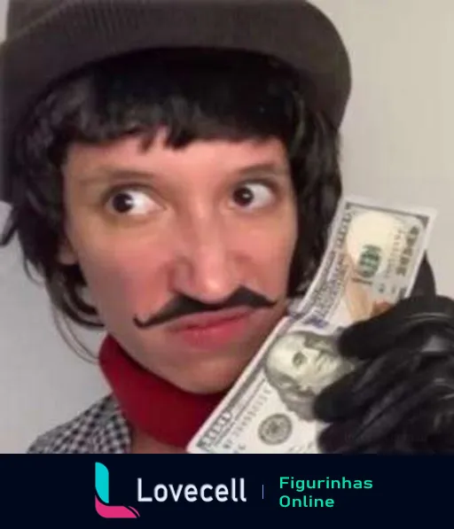 Tina com bigode falso e boina segurando notas de dinheiro com expressão surpresa e cômica