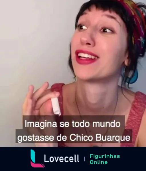 Mulher jovem encantada segurando cigarro e imaginando um mundo onde todos gostam de Chico Buarque, vestindo blusa vermelha e lenço colorido na cabeça