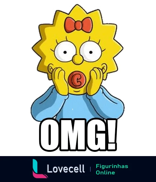 Figurinha de Maggie Simpson com expressão de surpresa, mãos no rosto e texto 'OMG!' acima dela