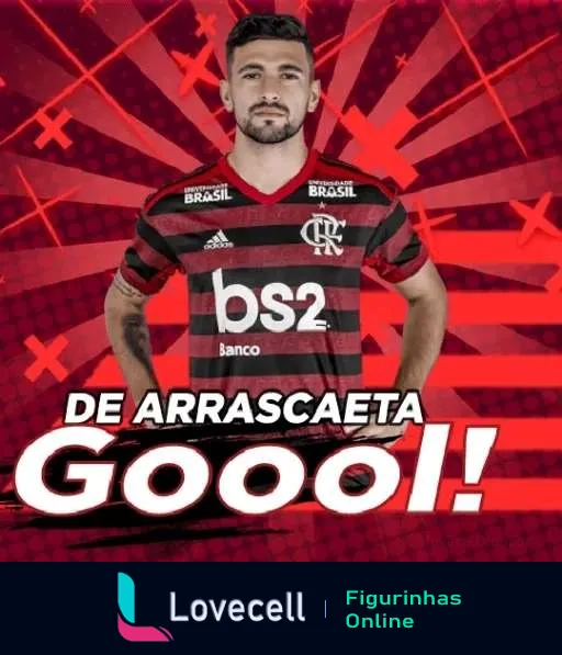 De Arrascaeta comemorando gol pelo Flamengo, vestindo uniforme com logo B52 e escudo do clube, fundo com linhas vermelhas e pretas