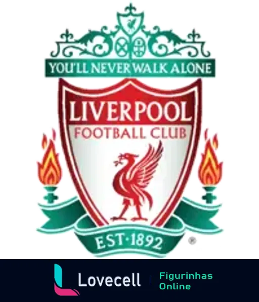 Figurinha do escudo do Liverpool FC com o Liver Bird, lema 'You'll Never Walk Alone', tochas e uma coroa