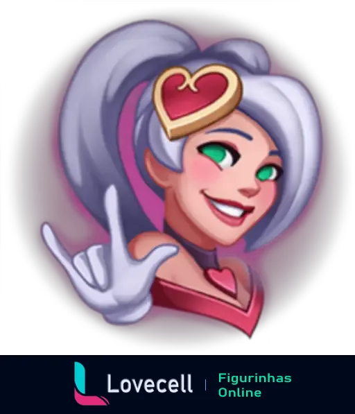 Emote de League of Legends com personagem de cabelo prateado, usando acessório em formato de coração, sorrindo e fazendo gesto de 'eu te amo' com a mão.