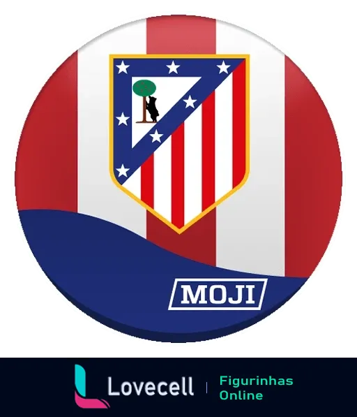 Figurinha do escudo personalizado Moji do Atlético de Madrid com listras vermelhas e brancas, escudo azul na parte inferior, e símbolo central de uma árvore sob fundo azul com estrelas