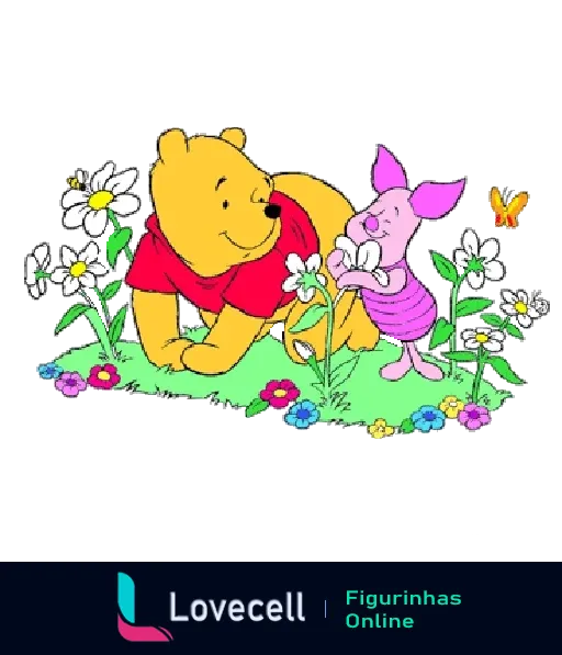 Ursinho Pooh de camiseta vermelha e Leitão em um campo cheio de flores coloridas. Ambos estão sorrindo e apreciando a natureza juntos.