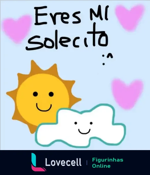 Figurinha adorável de sol e nuvem sorrindo com corações rosas e a frase 'Eres mi solecito' em espanhol, transmitindo carinho e afeto.