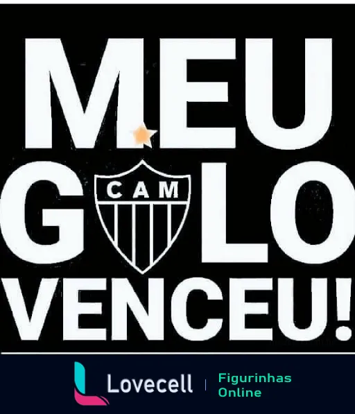 Figurinha com frase 'MEU GALO VENCEU!' em letras brancas, fundo preto, escudo do Atlético Mineiro com estrela acima da sigla 'CAM', celebrando vitória do time