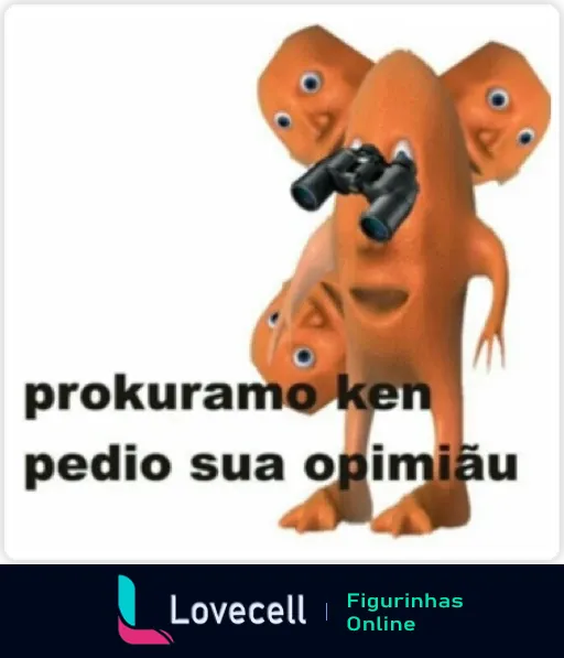 Figurinha com caricatura do Laranjo segurando um revólver, com várias faces em seu corpo e texto humorístico 'prokuramo ken pedio sua opimiãu'