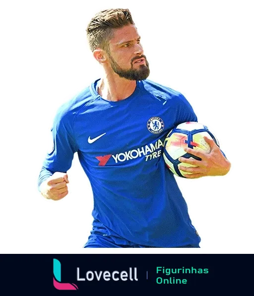 Jogador do Chelsea em uniforme azul segurando bola de futebol, com logotipos da Nike e Yokohama Tyres, correndo concentrado