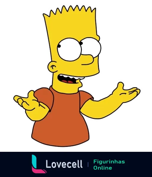 Figurinha do Bart Simpson de braços abertos com expressão casual, cabelo espetado amarelo, camiseta laranja e shorts azuis, da série Os Simpsons