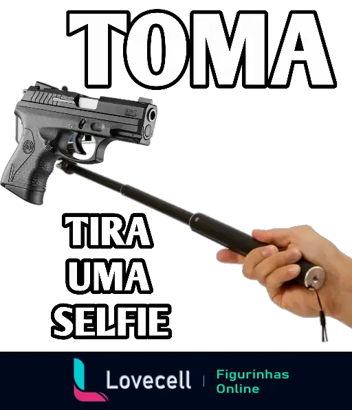 Figura de uma pistola com bastão de selfie acoplado e a frase 'TOMA TIRA UMA SELFIE' em destaque, criando um trocadilho entre defesa e fotografia.