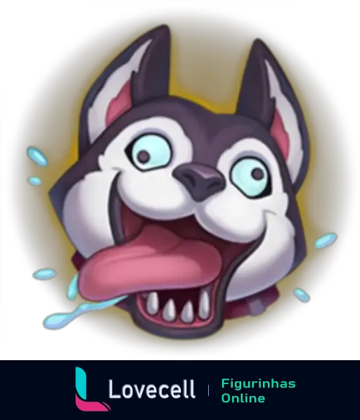 Figurinha de um husky animado com expressão alegre, olhos arregalados e língua para fora, do pacote League of Legends Emotes.