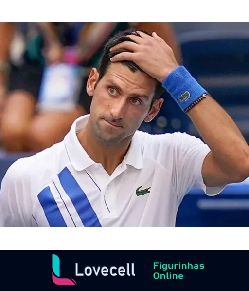 Novak Djokovic com expressão de preocupação, passando a mão pelo cabelo, usando camisa branca com detalhes azuis e logo da Lacoste durante jogo de tênis