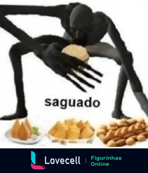 Meme de deboche com boneco segurando comida, acompanhado por pratos de salgados e doces. Texto: saguado.