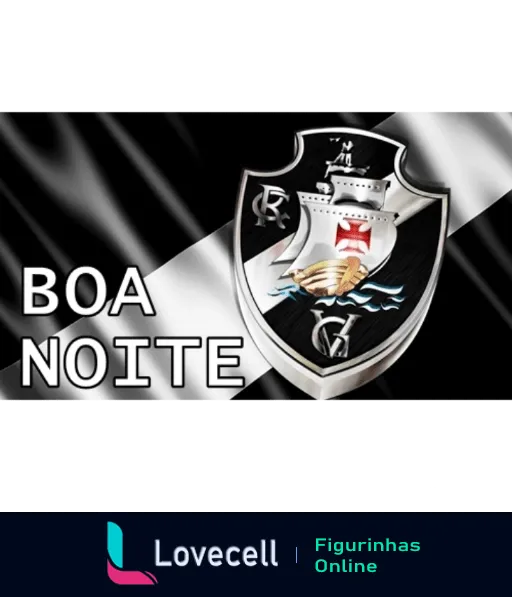 Figurinha 'Boa Noite' com escudo do Vasco da Gama brilhante sobre fundo listrado preto e branco