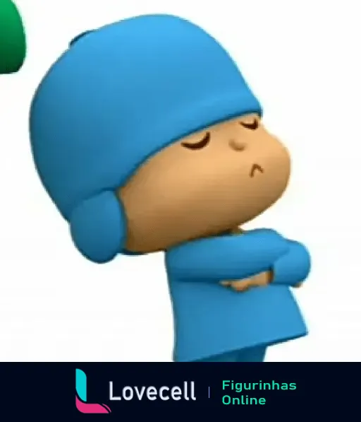 Personagem Pocoyo com olhos fechados e braços cruzados, vestindo uma roupa azul e gorro combinando, destacando uma expressão de teimosia.