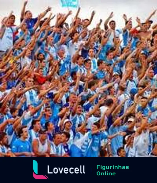 Torcedores do Avaí comemorando no estádio vestidos de azul e branco, acenando bandeiras e braços no ar