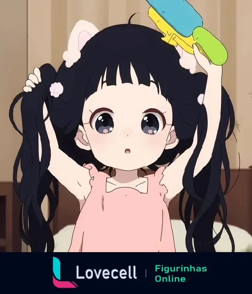 Imagem de uma garota anime kawaii, de cabelo preto com duas maria-chiquinhas, segurando um brinquedo de sorvete. 👧🍦🧿Anime Kawaii