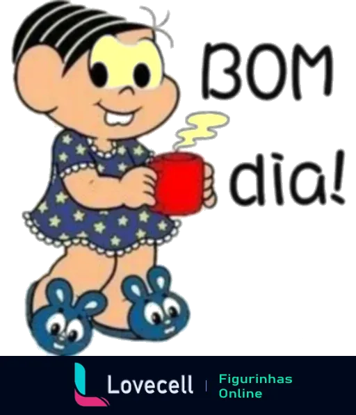 Figurinha de Bom Dia com a Mônica sorridente, usando pijama azul com estrelas e segurando caneca vermelha com fumaça, ao lado do texto 'BOM DIA!' em letras grandes