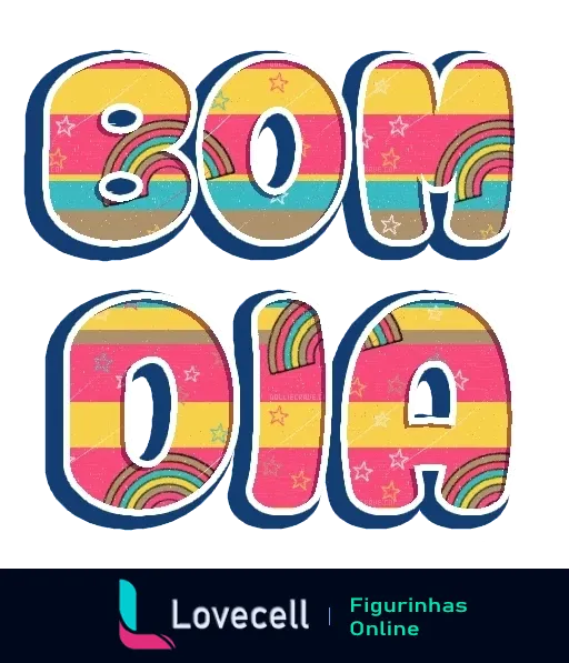 Figurinha de Bom Dia com letras grandes e coloridas sobre fundo estrelado, incluindo designs como arco-íris em cada letra, transmite alegria e energia positiva