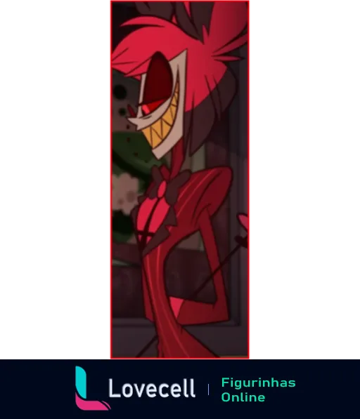 Figurinha do personagem de Hazbin Hotel com cabelo rosa, olhos vermelhos, paletó vermelho e um largo sorriso assustador com dentes pontiagudos.