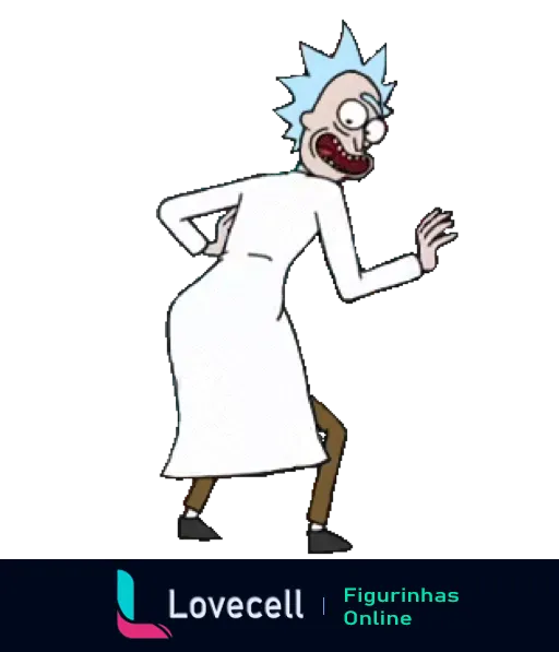 Rick Sanchez animado com cabelos azuis e jaleco branco em pose típica para aventura interdimensional, do seriado Rick e Morty