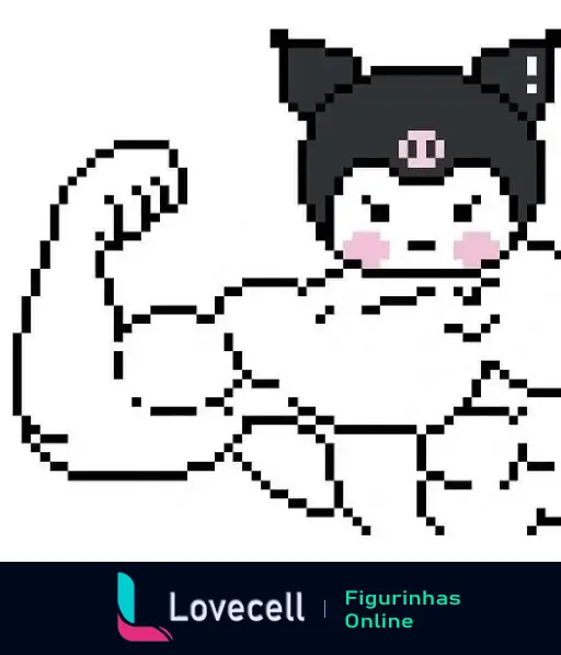 Imagem pixelada de Hello Kitty Maromba, vestindo um gorro preto com o símbolo da Hello Kitty, exibindo um braço musculoso.