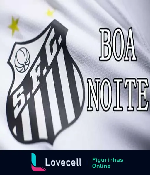 Figurinha com escudo do Santos Futebol Clube e a frase 'BOA NOITE' em letras maiúsculas sobre fundo de camisa do time, para saudação entre torcedores.