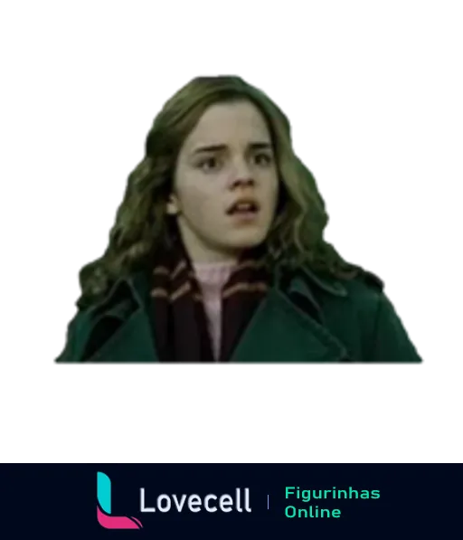 Figurinha de Hermione Granger surpresa, com casaco verde e echarpe listrada, do filme Harry Potter