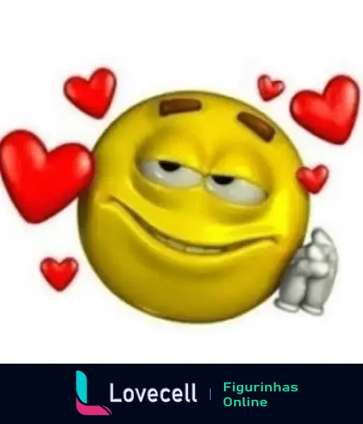 Emoji amarelo apaixonado com olhos semicerrados e sorriso suave, cercado por corações vermelhos flutuantes. Título: Emoji apaixonado. Tags: amor, fofo, te amo, paixão.