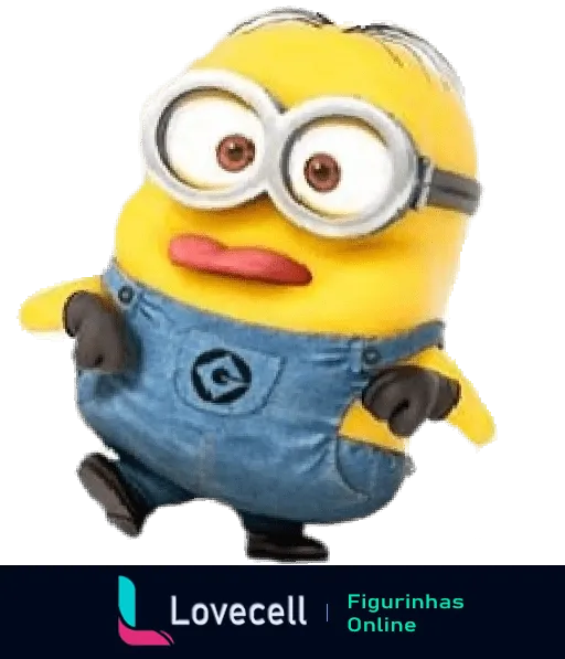 Minion surpreso com óculos e roupa de jeans olhando para cima em reação a algo inusitado