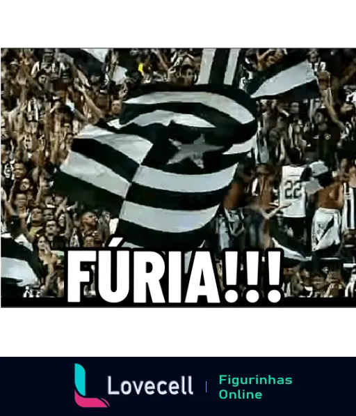 Torcedores do Botafogo vibrando no estádio com uma grande bandeira preto e branca e a palavra 'FÚRIA!!!' destacada