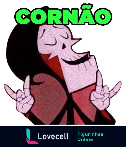 Imagem de personagem animado esqueleto com capuz sorrindo e fazendo gesto rock 'n' roll com as mãos, acompanhada do texto 'CORNÃO'.