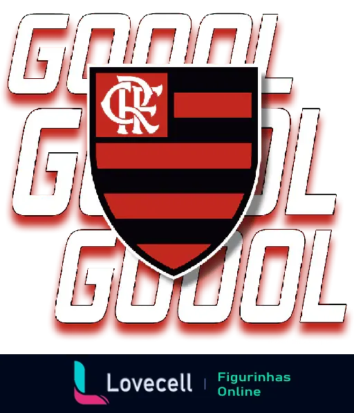 Emblema vermelho e preto do Flamengo com um C e R entrelaçados em cima. Ao fundo, em três linhas, a palavra 'GOOOL' em vermelho e branco repetida.