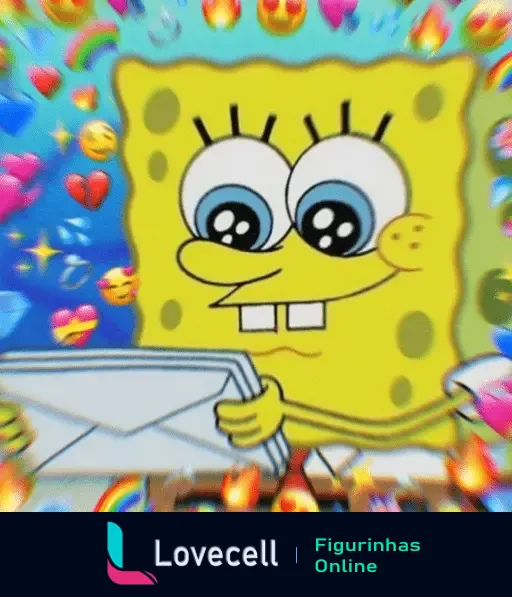 Gif animado do Bob Esponja segurando uma carta com olhos cheios de emoção, rodeado de corações e arco-íris, representando um estado de felicidade e amor.