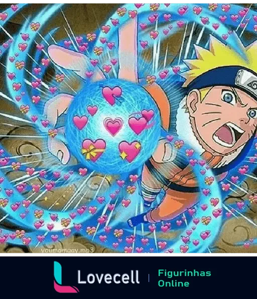 Imagem do personagem Naruto usando o Rasengan, com corações e elementos de amor ao redor, em um estilo amoroso e animado.