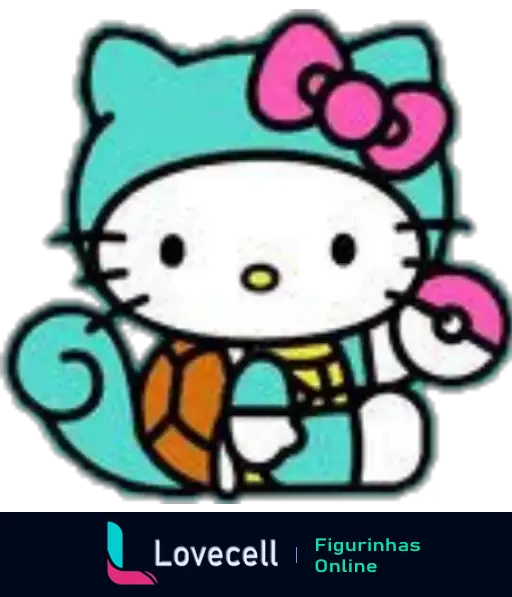 Figurinha do WhatsApp mostrando Hello Kitty vestida com fantasia de Squirtle, segurando uma Pokébola. A imagem é uma fusão de Hello Kitty e Pokémon, perfeita para fãs de ambos os universos.