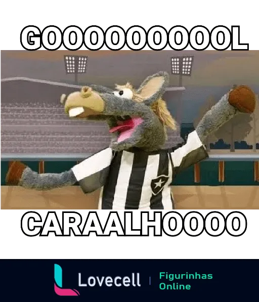 Mascote em forma de cavalo comemorando gol com uniforme do Botafogo no estádio, texto 'GOOOOOOOL CARAAALHOOOO' expressando entusiasmo