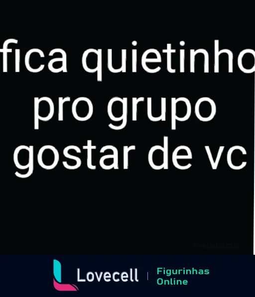 Figurinha de WhatsApp com texto 'Fica quietinho pro grupo gostar de vc' em letras brancas sobre fundo preto, indicando humoristicamente que às vezes menos é mais