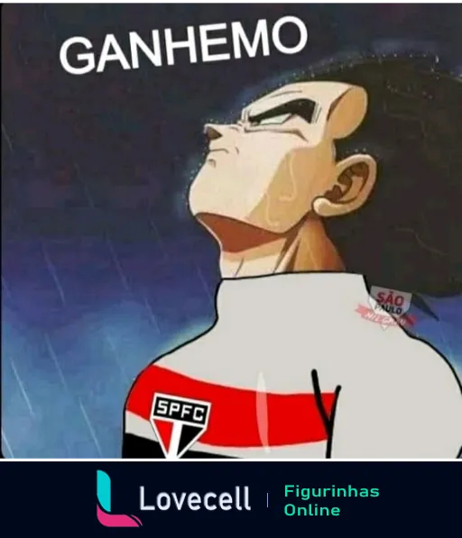 Figurinha do Vegeta do anime Dragon Ball usando o uniforme do São Paulo FC com expressão de orgulho e o texto 'GANHEMO' celebrando uma vitória