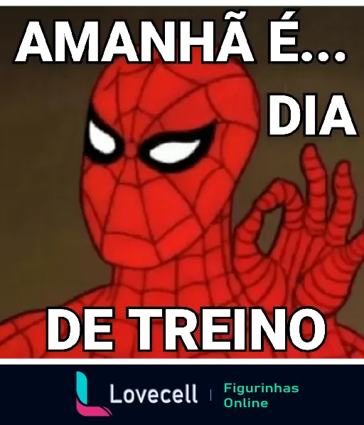 Figurinha do Homem-Aranha com a mensagem 'Amanhã é dia de treino', ideal para motivar amigos para o próximo treino de fitness.