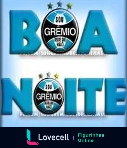 Figurinha do WhatsApp com texto 'Boa Noite' em letras grandes sobre fundo azul claro e logo do Grêmio ao centro com a frase 'Sou Grêmio desde sempre'