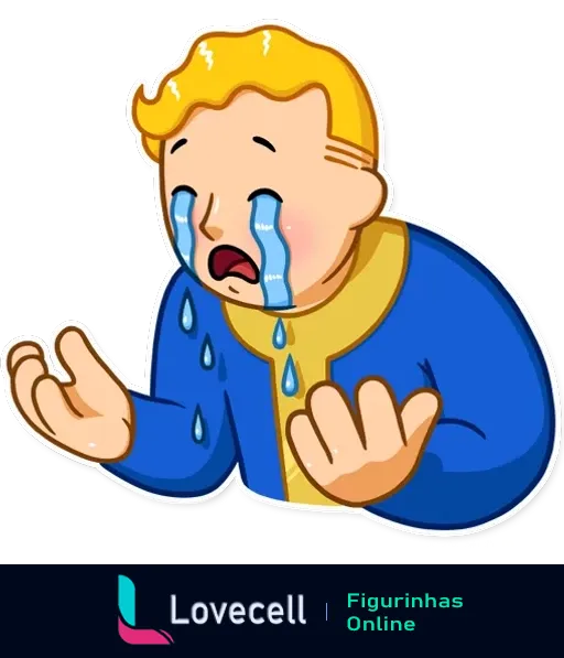 Fallout Vault Boy está chorando intensamente com grandes lágrimas correndo pelo rosto em suas mãos abertas, transmitindo tristeza e desespero.