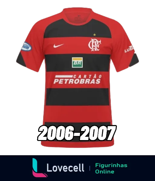 Figurinha da camisa do Flamengo com listras vermelhas e pretas, logos da Nike e Petrobras, e escudo, referente aos anos 2006-2007