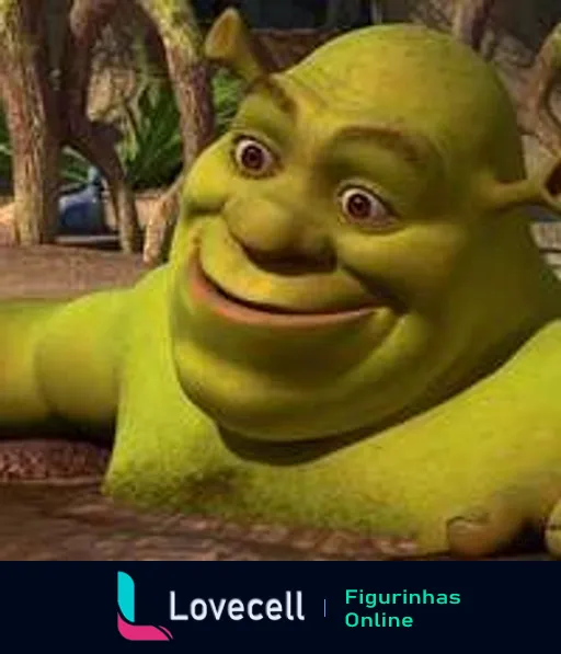 Figurinha do Shrek sorrindo relaxadamente, deitado e apoiando a cabeça com a mão