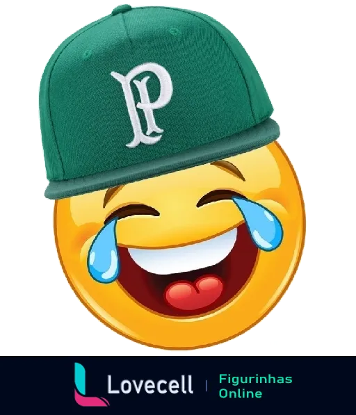 Emoji amarelo rindo às lágrimas com boné verde do Palmeiras, expressando alegria por momentos de diversão ou vitórias do time