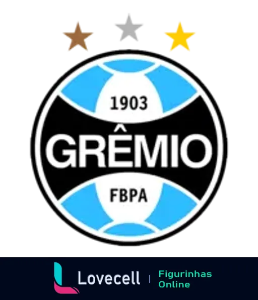 Figurinha do escudo do Grêmio Foot-Ball Porto Alegrense em azul e preto com inscrição 'GRÊMIO FBPA' e ano '1903', e três estrelas acima