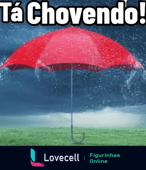 Figurinha animada com um guarda-chuva vermelho na chuva, com texto 'Tá Chovendo!' no topo, simbolizando clima chuvoso.